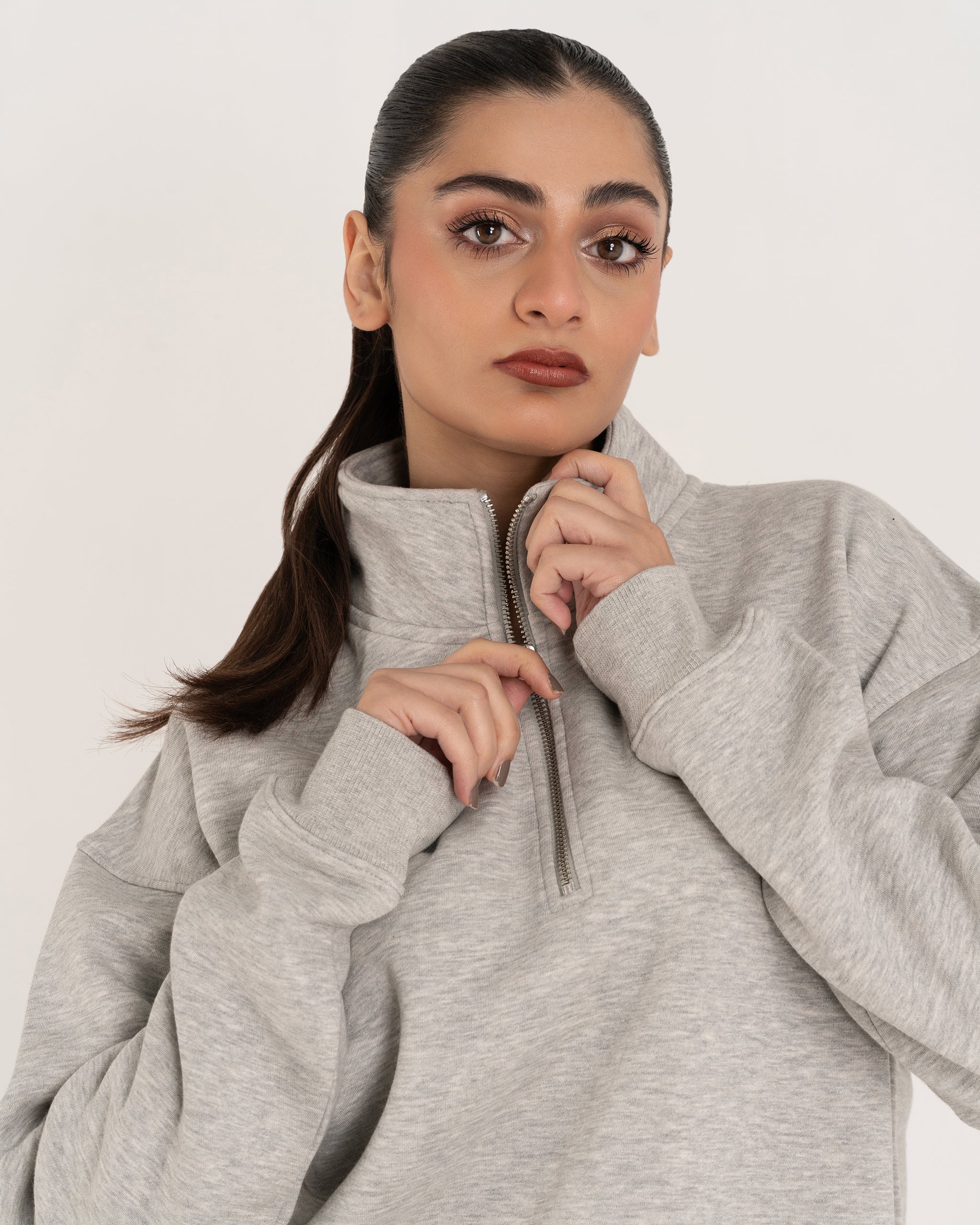 HEATHER GREY QUARTER ZIPPER